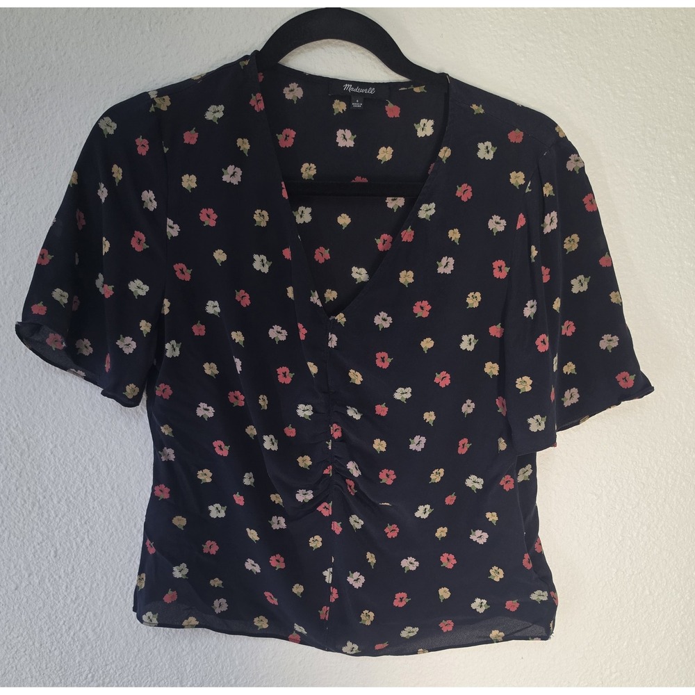 Madewell Silk Blouse Size 4 Navy Floral V-Neck Short Sleeve Top Shirt